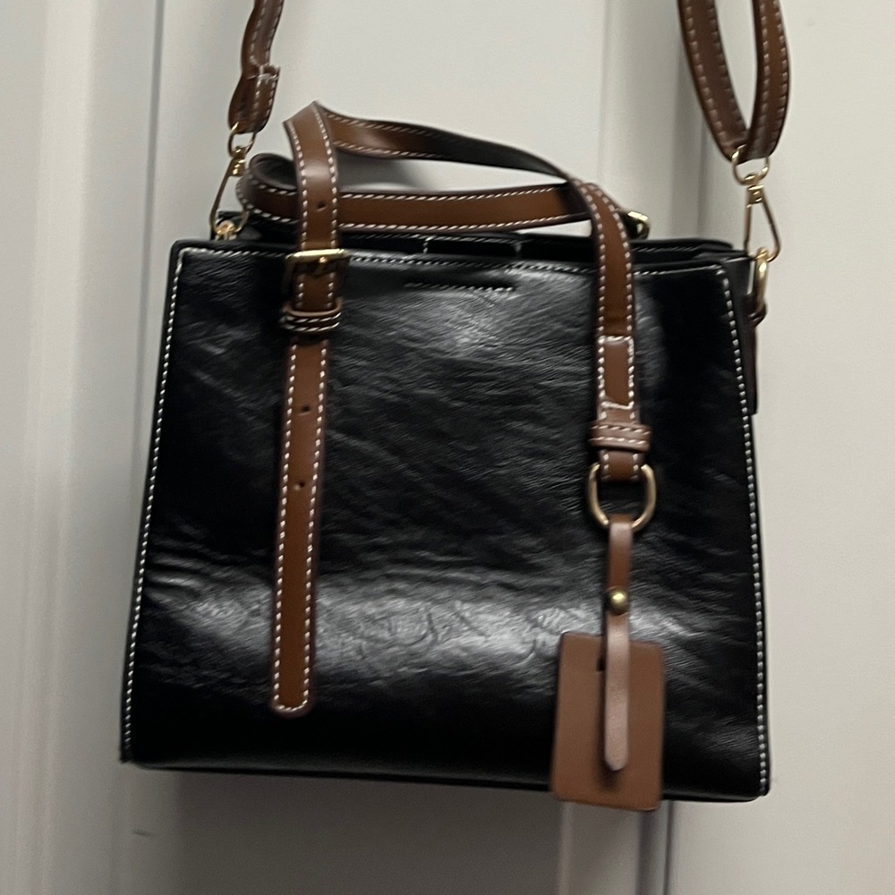 Leather Two-Tone Crossbody Tote Bag - Black and Brown